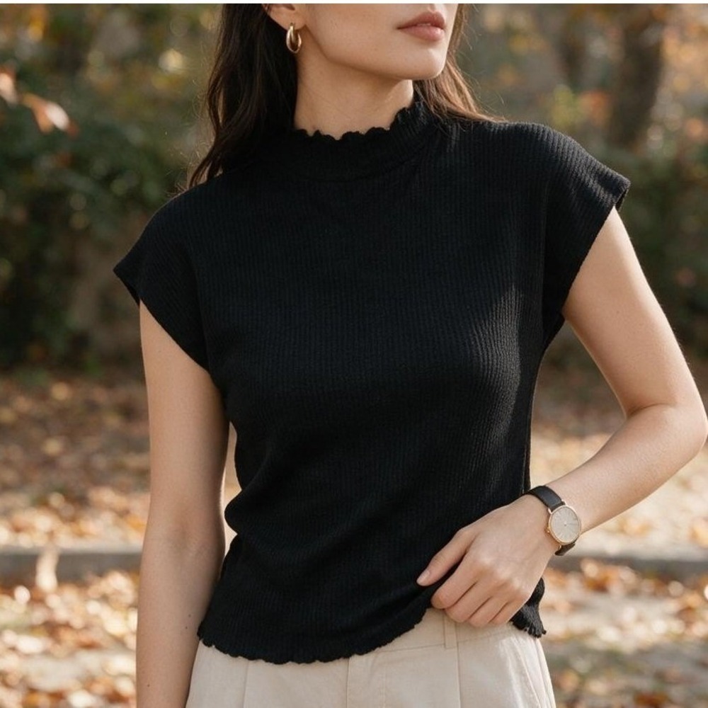 Zara Womens Small Black Plisse Textured Knit Cap Sleeve Top Minimalist Chic